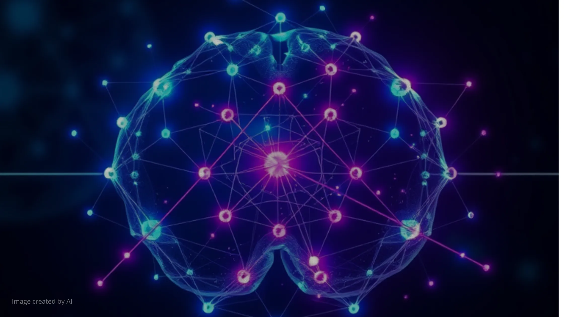 Cervello stilizzato fatto di nodi luminosi azzurri e viola collegati da linee, con la scritta «Image created by AI»