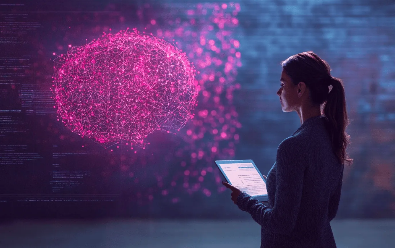 Woman holding a tablet in front of a glowing pink network of connected dots, against a wall of code