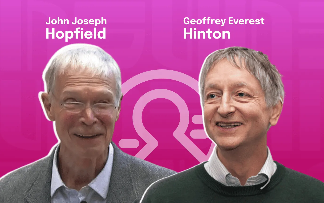 Portraits of John Joseph Hopfield and Geoffrey Everest Hinton, both smiling, on a magenta background