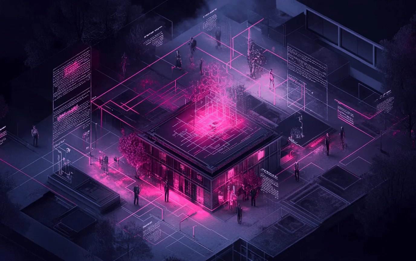 Isometric view of a building at night lit up in pink, with people walking around it and floating panels of text linked by glowing lines