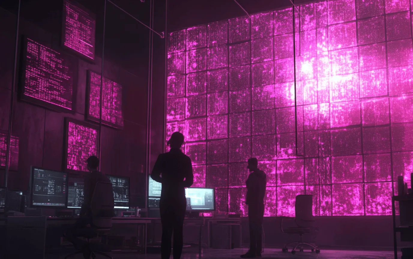 Silhouettes of people in a dark control room, in front of computers and a large wall of glowing pink screens