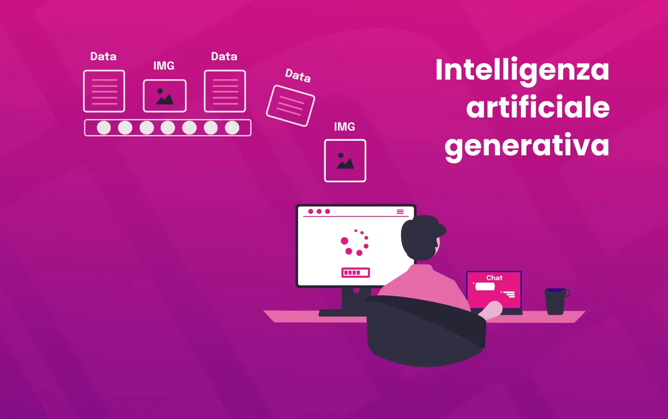 Illustration of a person at a computer while data and image files move along a conveyor belt, next to the words “generative artificial intelligence”