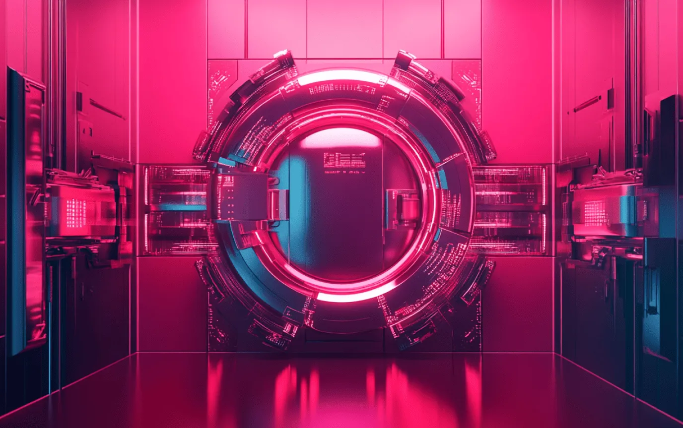 Round, glowing pink vault door in a futuristic room lined with server cabinets