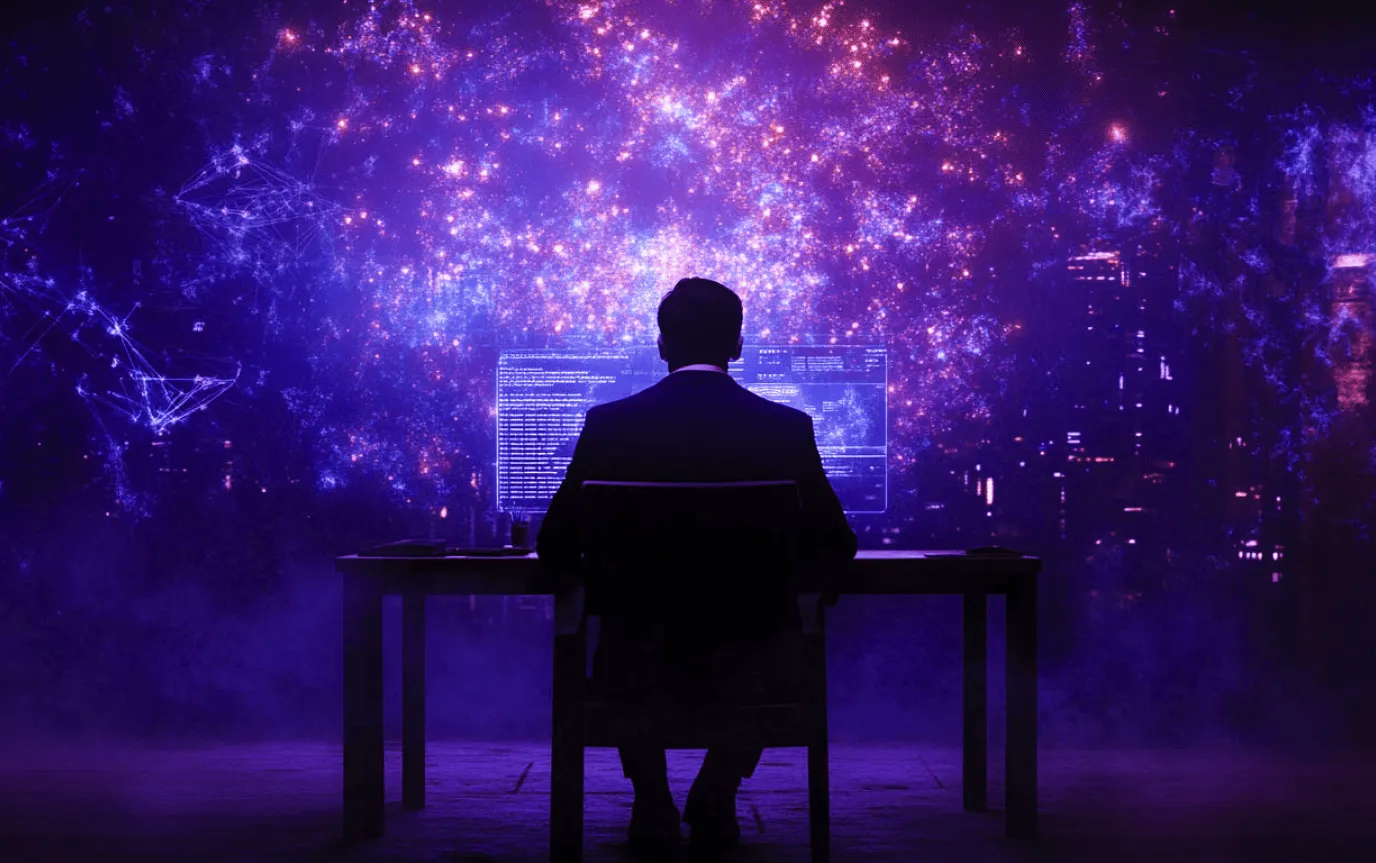 A person at a desk in front of a screen, surrounded by a cloud of glowing data