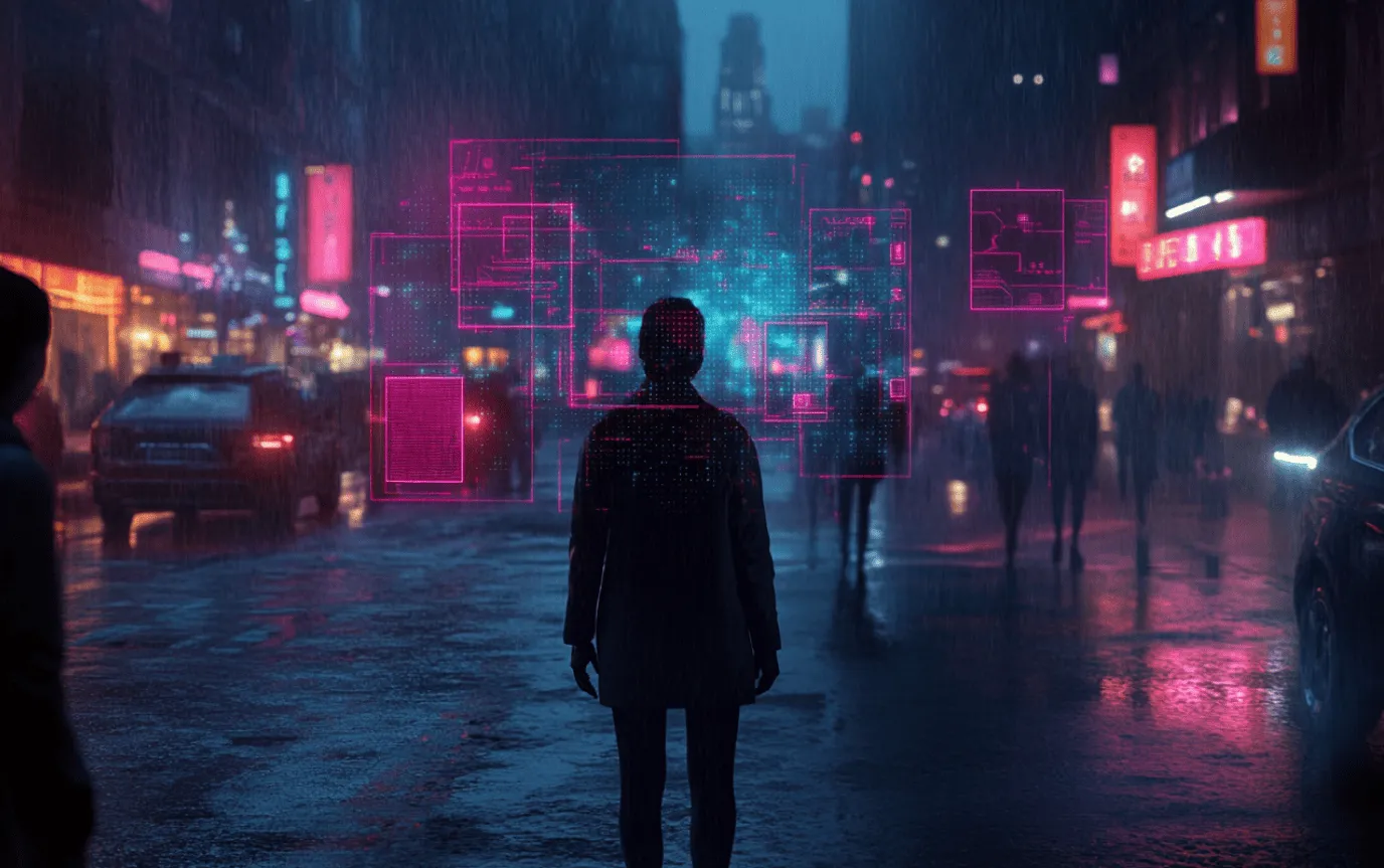 A person seen from behind on a rainy city street at night, with pink detection frames floating over the scene