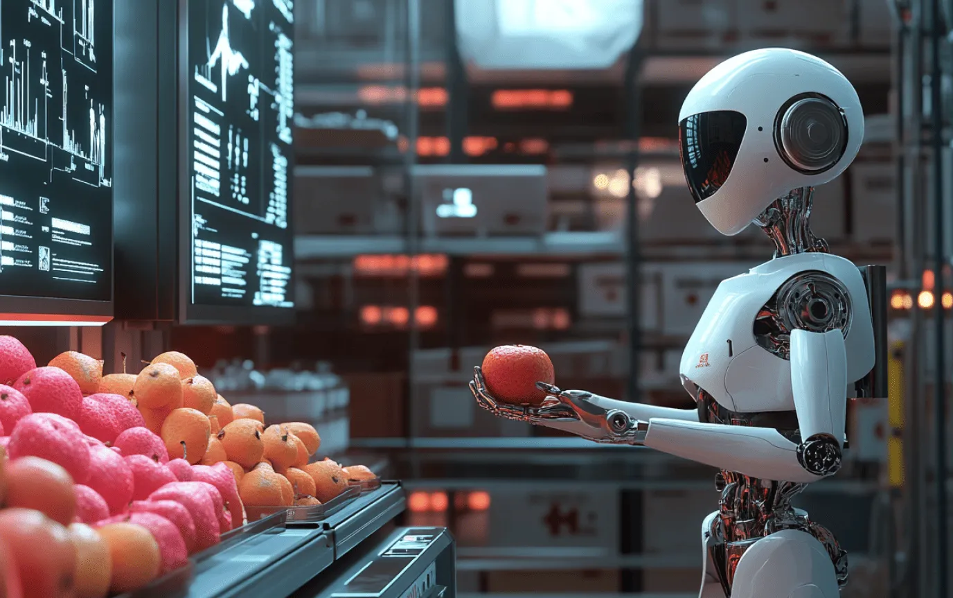 White humanoid robot holding a piece of fruit next to a fruit display and screens showing charts