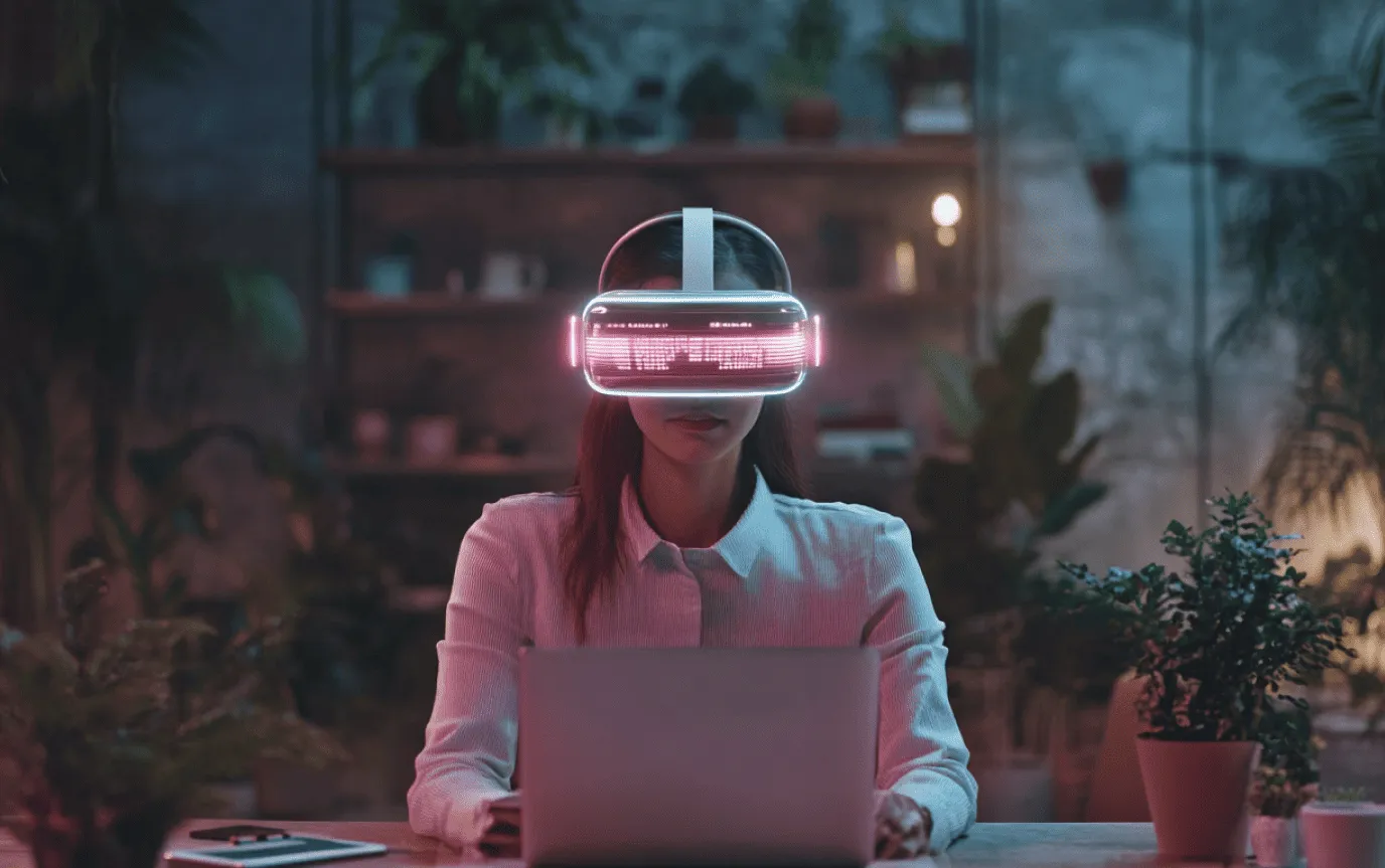 Woman at a laptop wearing a visor headset that glows pink, in an office full of plants