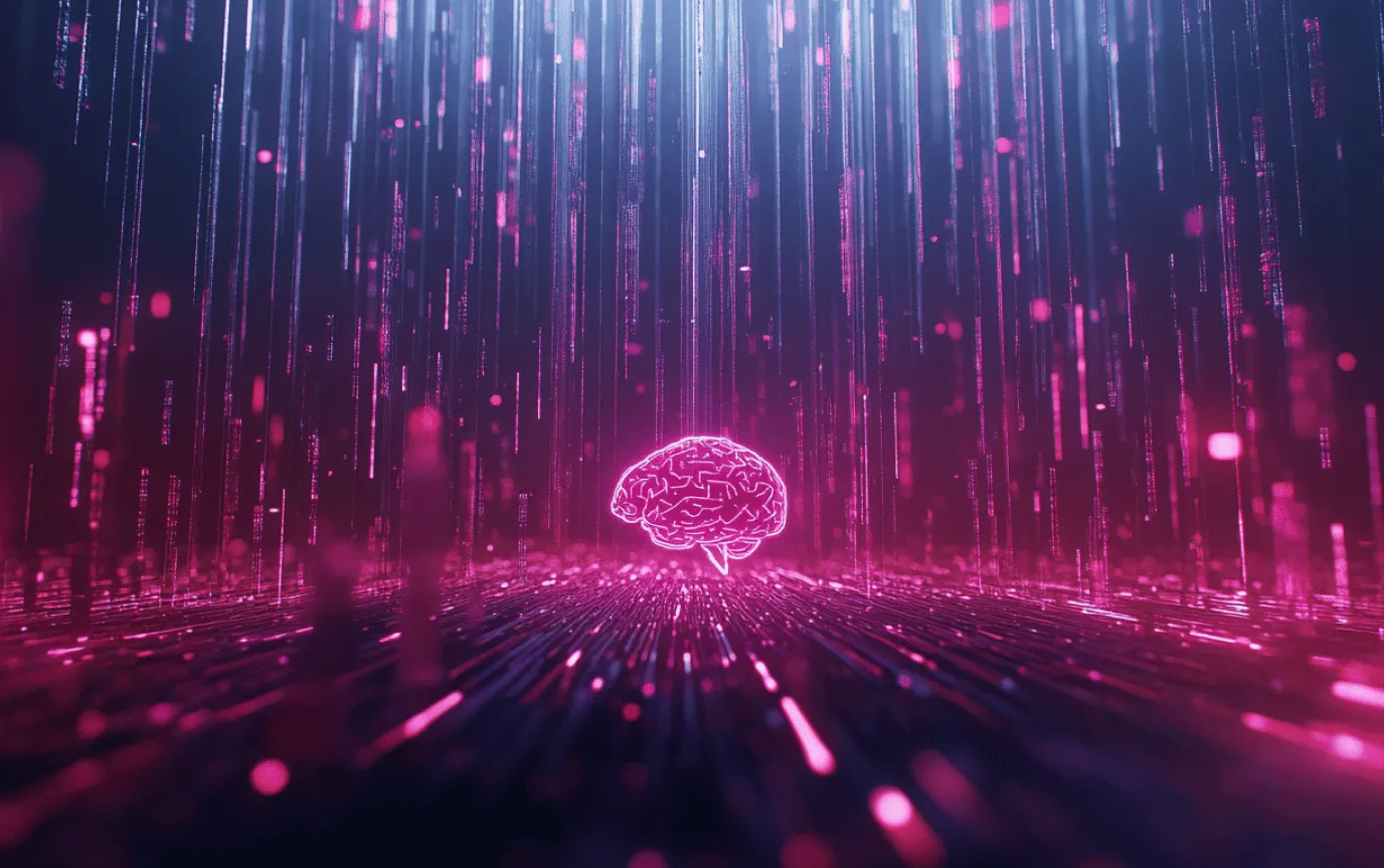Glowing pink brain at the centre of a dark space crossed by vertical streams of light