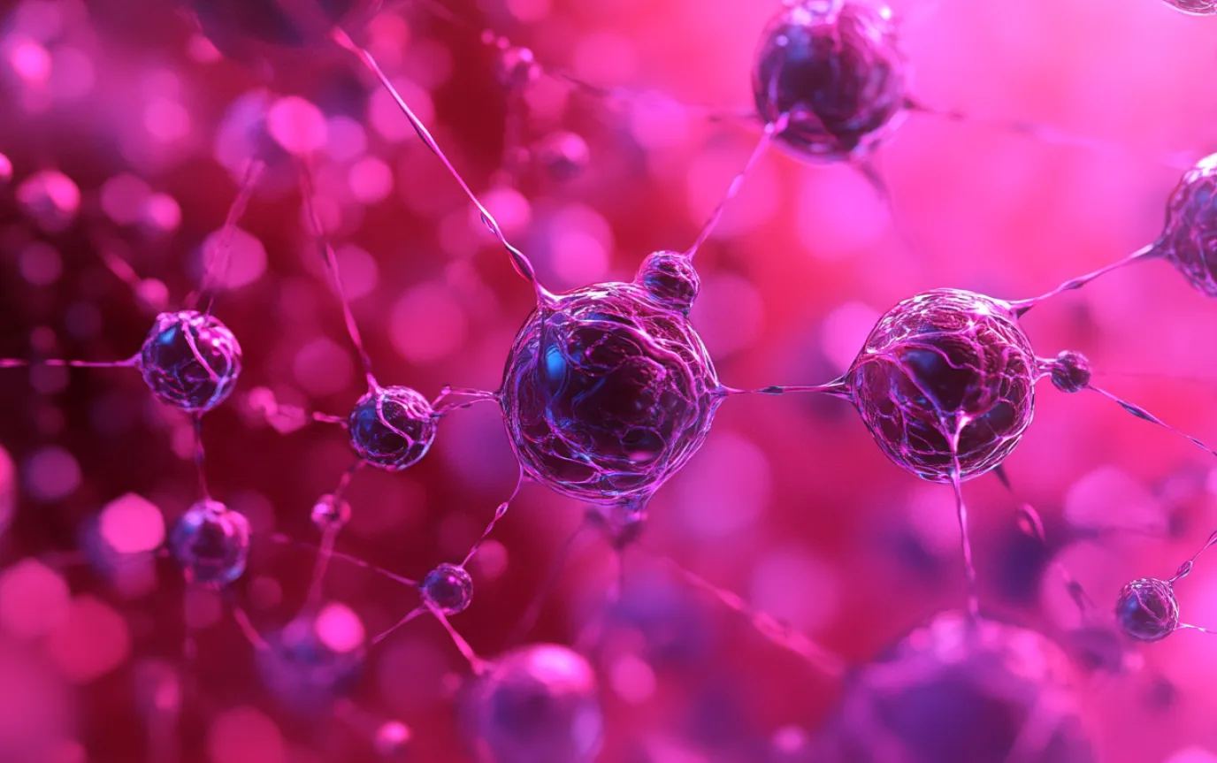 Network of glossy purple spheres linked by thin filaments against a blurred pink background