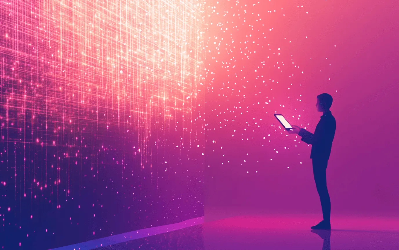Silhouette of a person holding a tablet in front of a wall of pink and purple streams of light