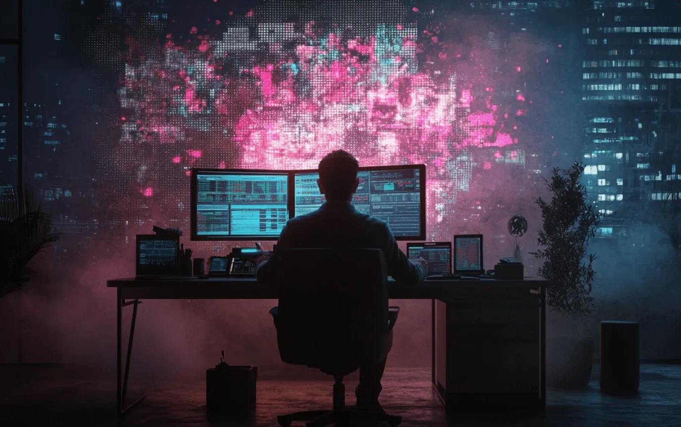 Man seen from behind at a desk with several monitors full of data, in front of a wall of pink and turquoise light
