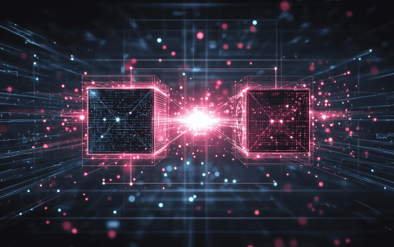 Two glowing cubes facing each other and merging in a burst of light, among streams of pink and blue data