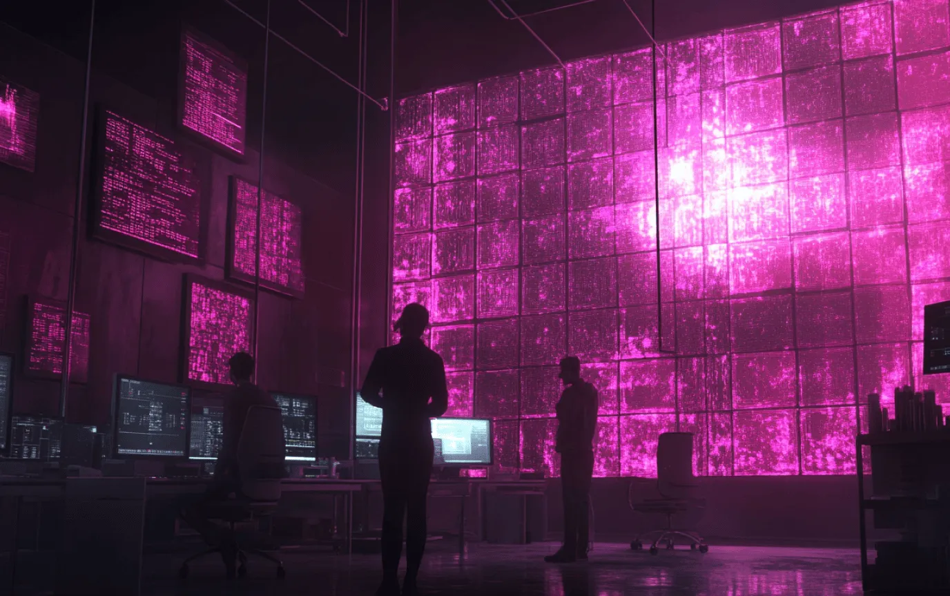 Three people silhouetted in a dark room, facing monitors and a large wall of pink screens