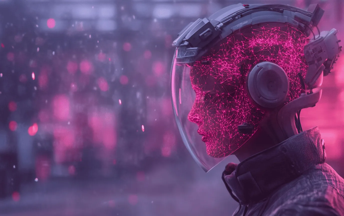 Profile of a figure wearing a transparent helmet and headphones, the face made of a network of pink dots