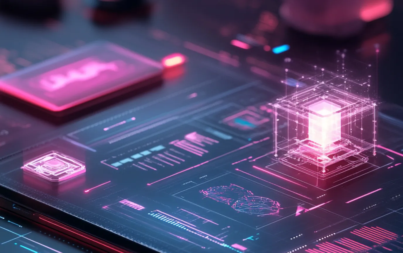 Dark digital interface with pink charts, a glowing chip and a holographic cube rising from the screen