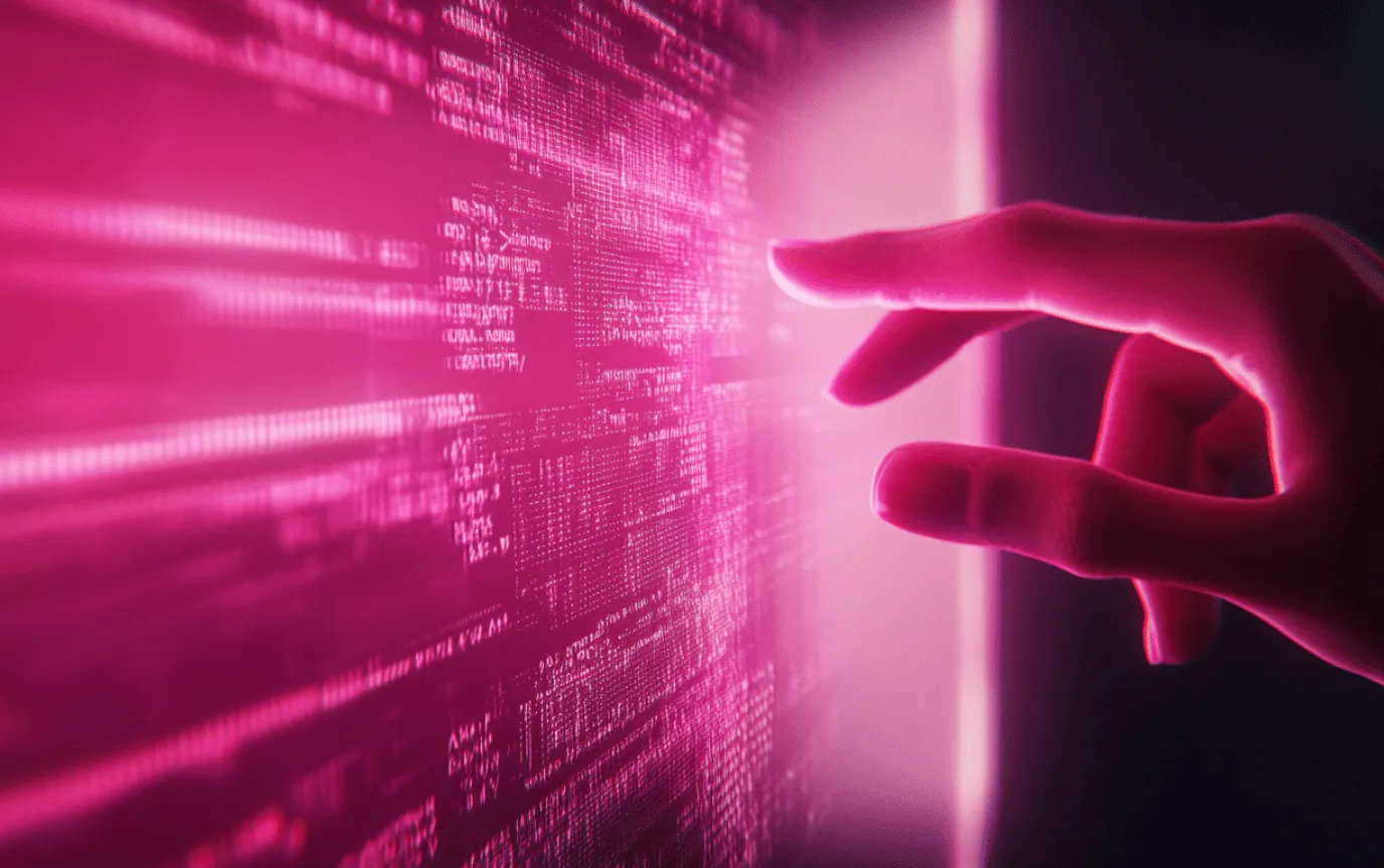 A hand points a finger towards a pink screen full of lines of glowing code