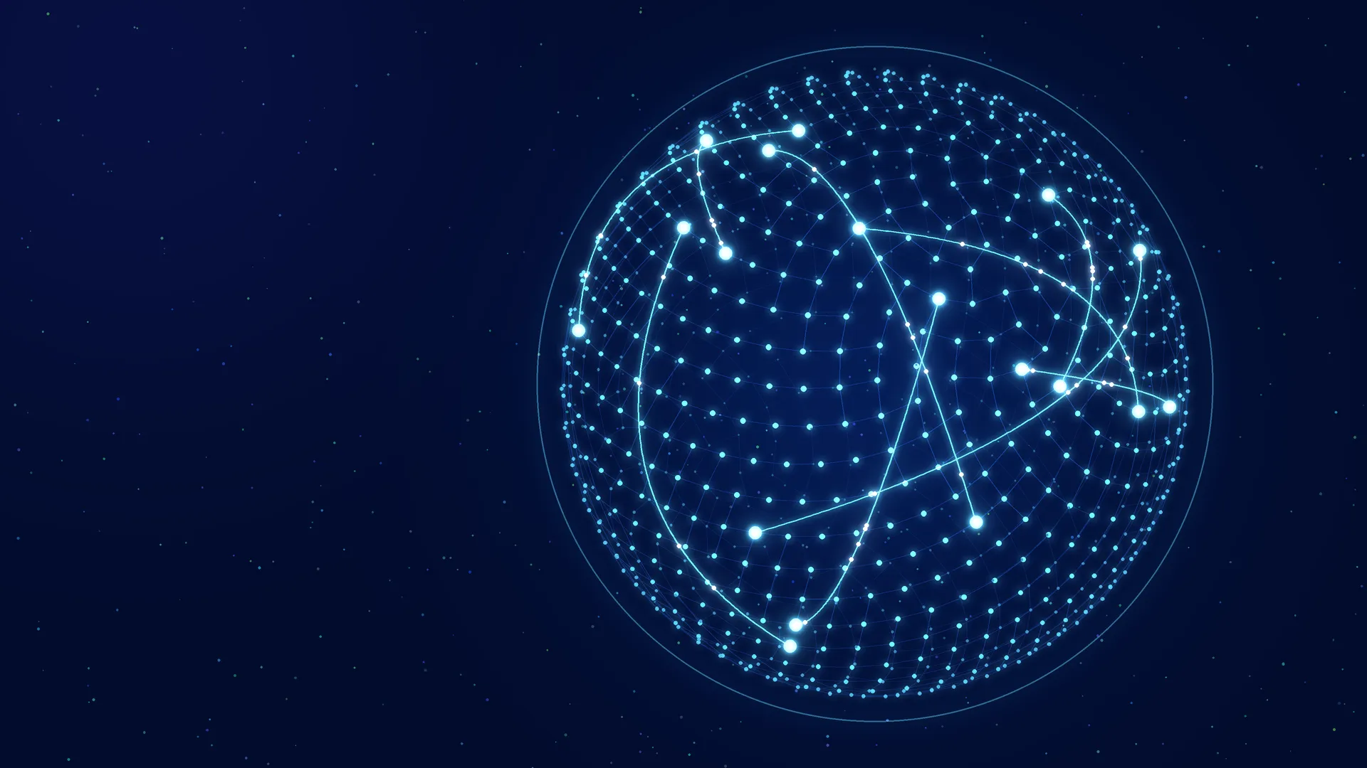 Sfera fatta di punti azzurri luminosi su fondo blu notte, attraversata da linee che uniscono alcuni nodi