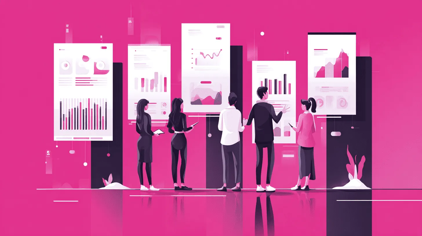 Flat illustration of five people in front of large panels with bar charts and graphs, on a pink background