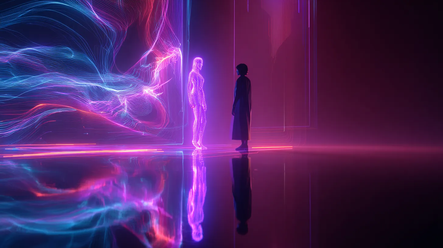 A person’s silhouette facing a human figure made of purple points of light, next to a wall of blue and pink light trails reflected on the floor