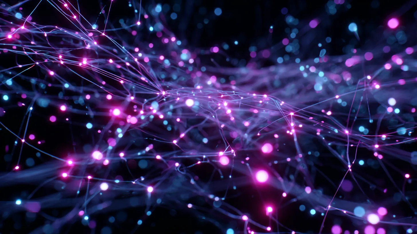 Tangle of glowing purple and light blue threads on a black background, with nodes of pink light
