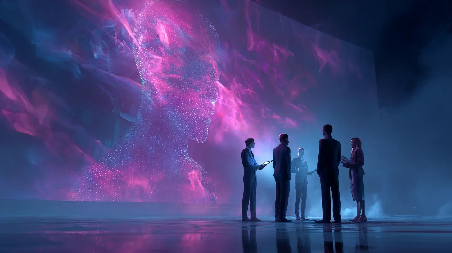 A group of business people in a dark room, facing a huge holographic human face made of pink and blue points of light