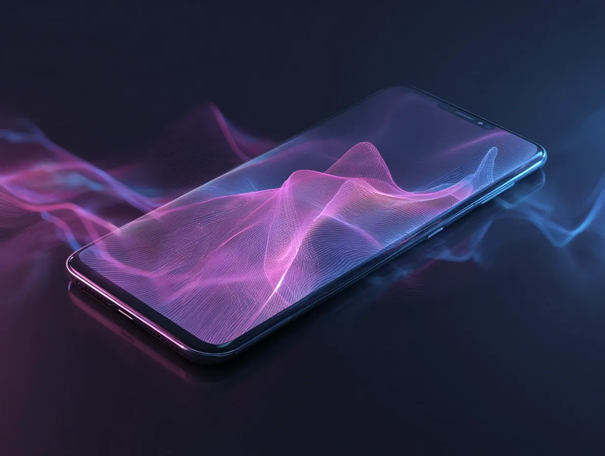 A smartphone resting on a dark surface, crossed by waves of purple and blue light