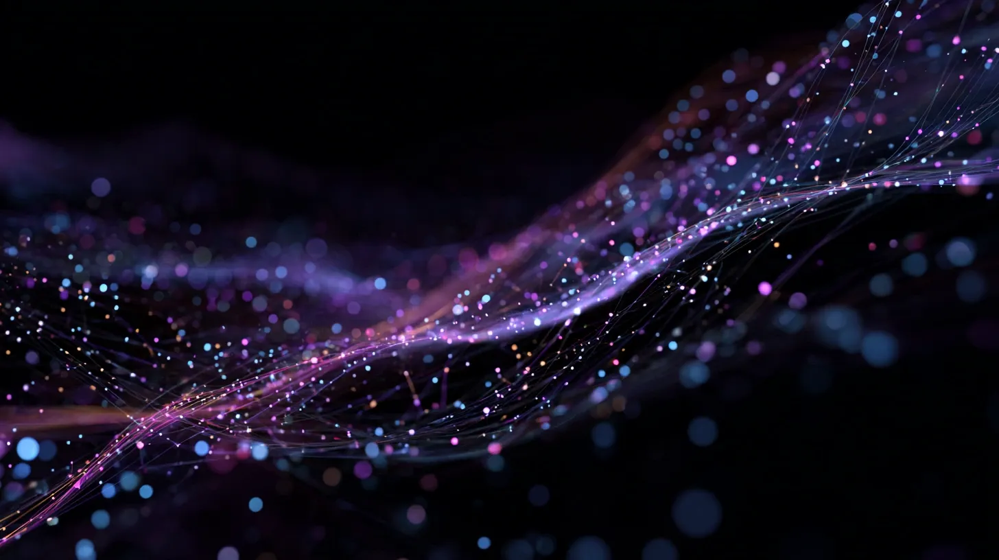 Waves of purple, pink and blue points of light intertwining on a black background