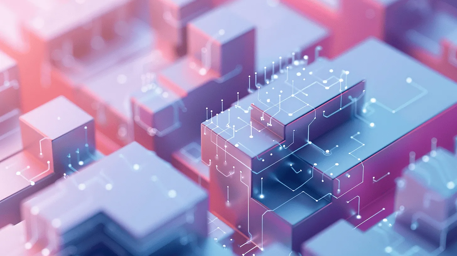Interlocking pink and lilac geometric blocks traced with white circuit lines