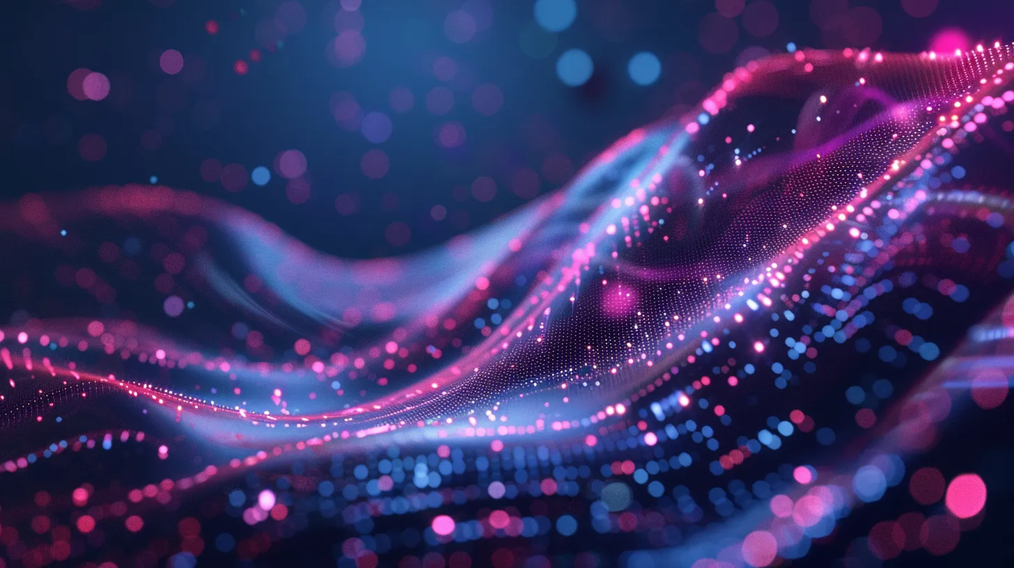 Waves of glowing pink and blue particles flowing across a dark background, among blurred lights
