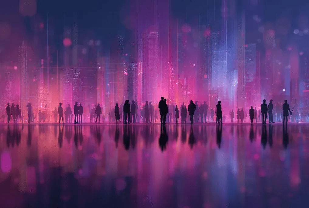 Silhouettes of people standing in line before a city of glowing pink and purple skyscrapers, reflected on the floor