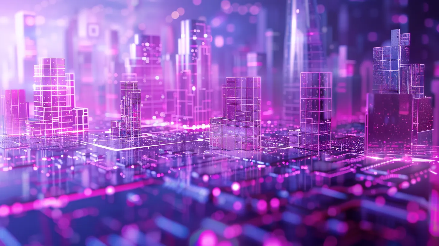 Miniature city of transparent purple skyscrapers on a glowing, circuit-like base