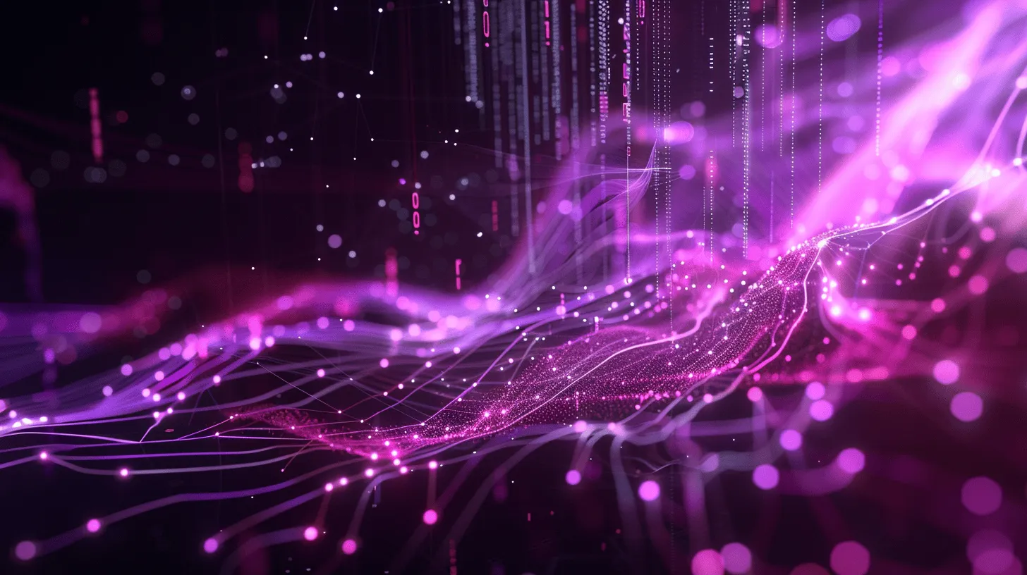 Streams of glowing purple and pink threads on a dark background, with columns of characters falling from above