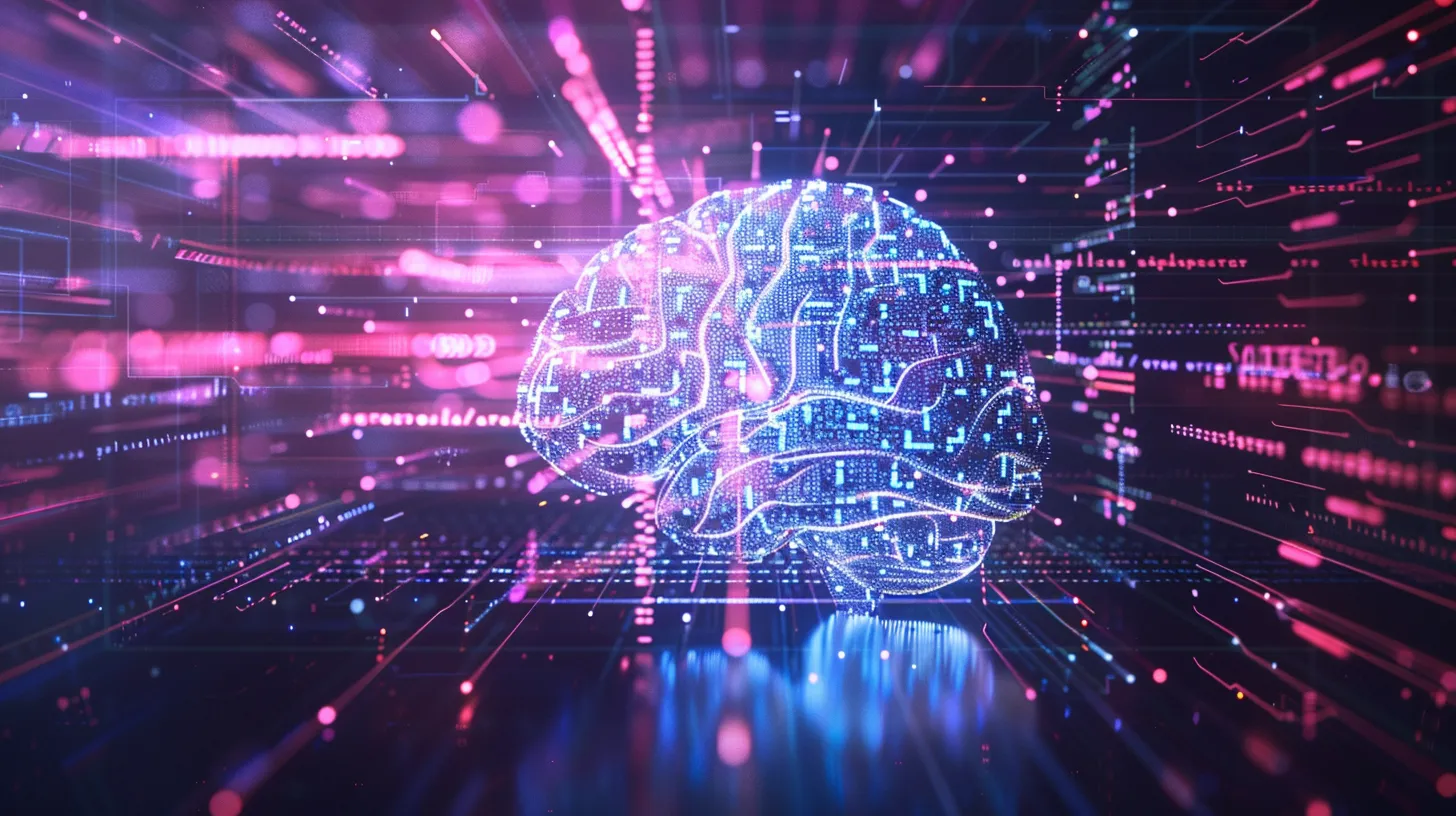 Glowing blue brain made of circuits in a space crossed by pink and purple lines of light