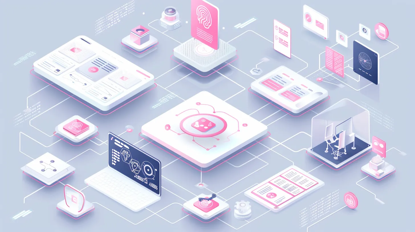 Isometric illustration of connected digital platforms, with documents, screens, a fingerprint and interface icons in pink and white