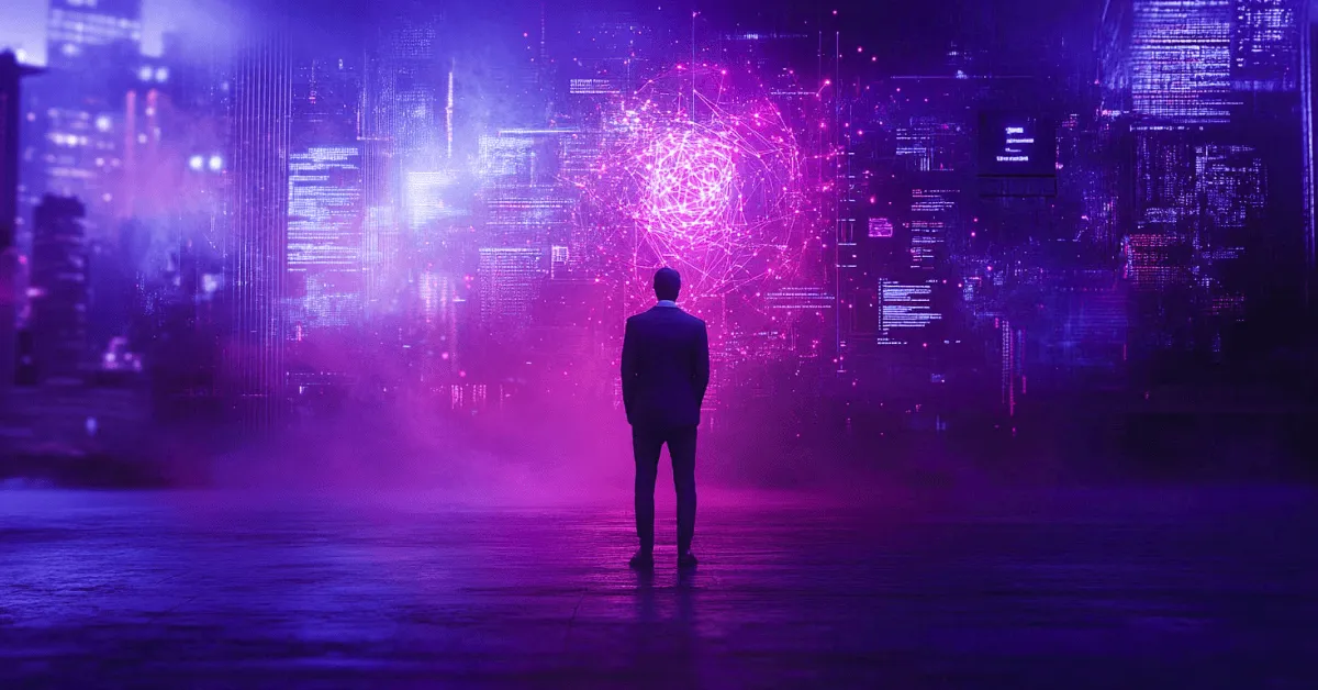 Man in a jacket seen from behind, facing a wall of screens with data and a sphere of pink filaments