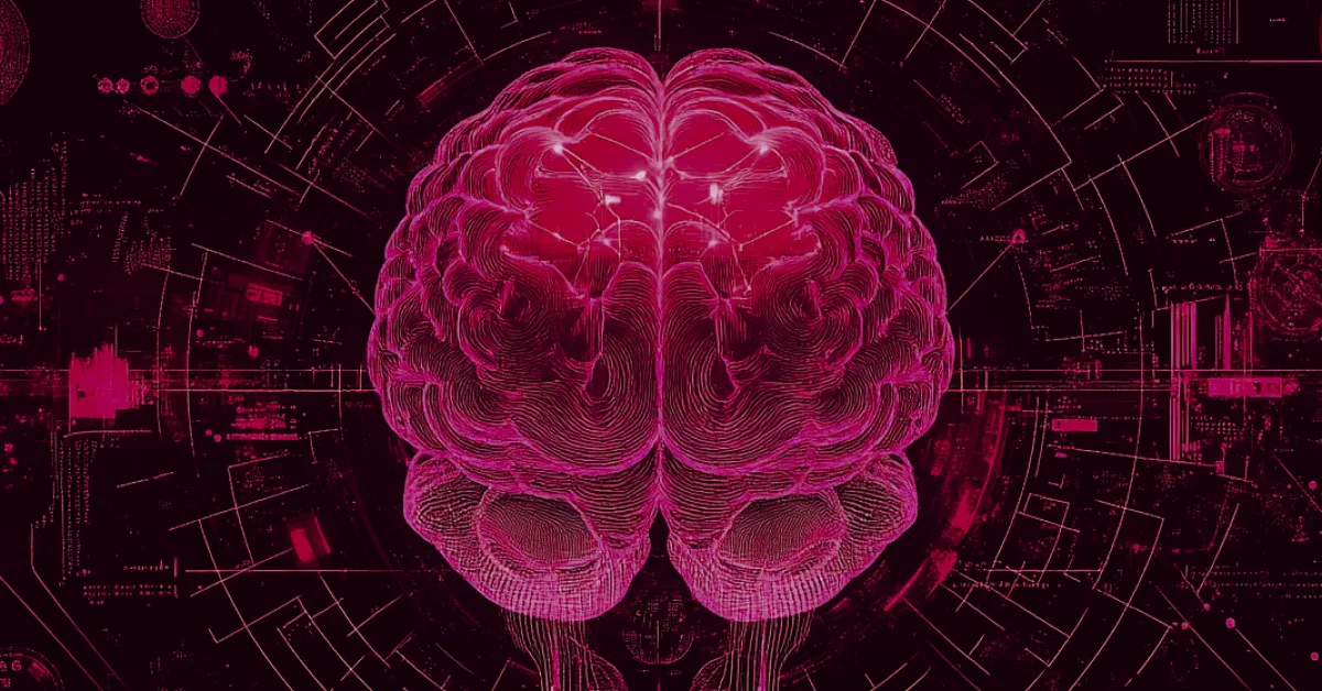 Brain drawn in pink lines on a dark background, surrounded by circles and technical charts