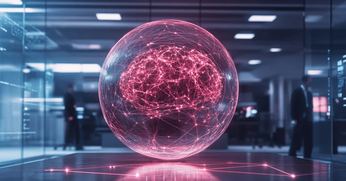 Transparent sphere with a network of pink filaments inside, in an office with two people in the background