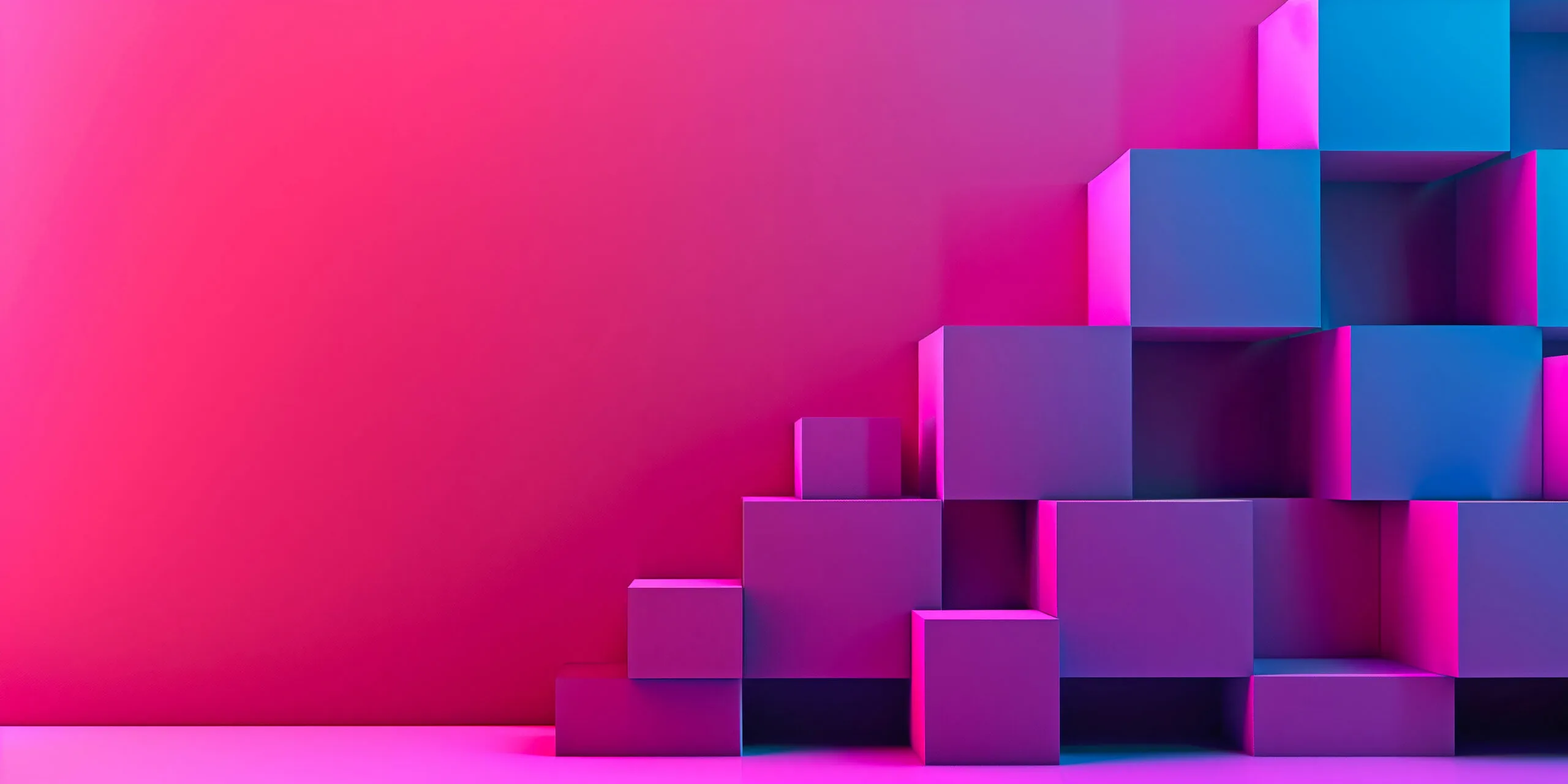 Purple and light-blue cubes stacked in steps against a wall shading from pink to fuchsia