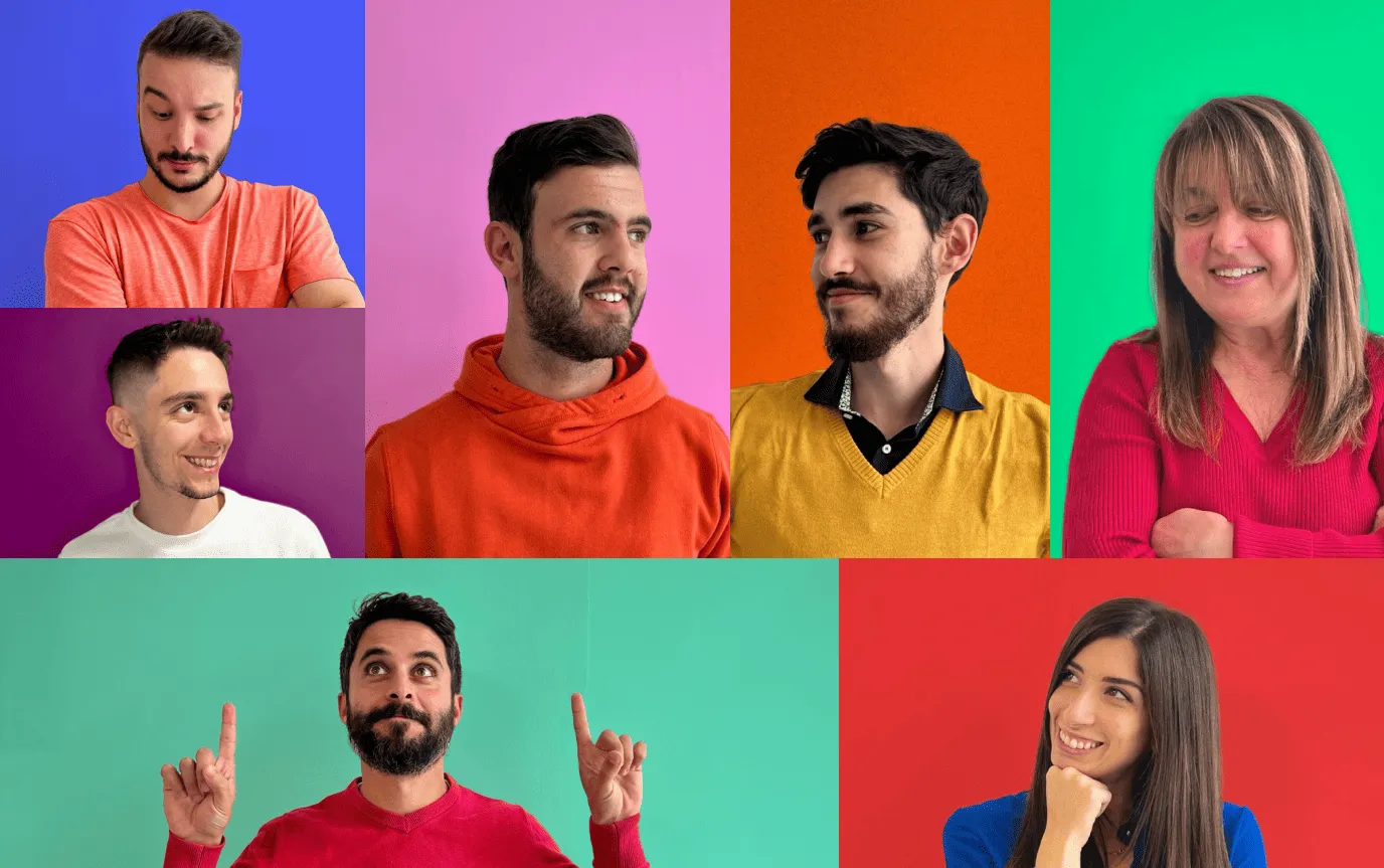 Collage of portraits of seven members of the Neurally team, each against a different brightly coloured background