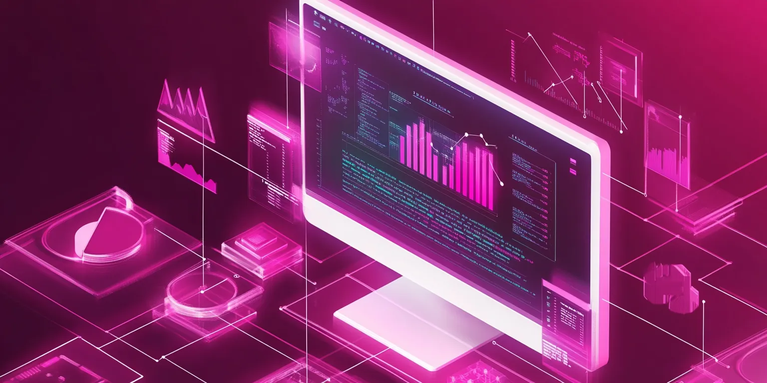 Glowing computer screen with code and bar charts, surrounded by floating pink data panels